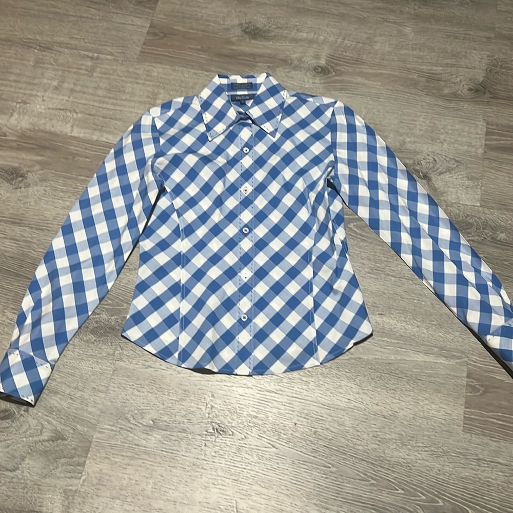 Faconnable Blue White Gingham Fitted Button Down … - image 1
